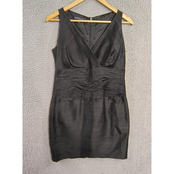Lafayette 148 Dress Women Sz 6 Black Sheath Midi Evening V Neck Ruched Back Zip - Picture 1 of 9